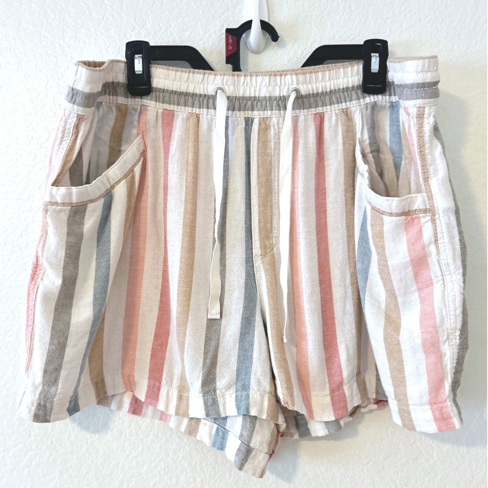 Gap Linen Blend Striped Pull On Shorts XL Pink Blue Tan Elastic Waist Drawstring